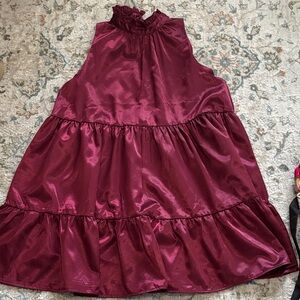 TCEC Ruffled Tiered Burgundy Satin Dress